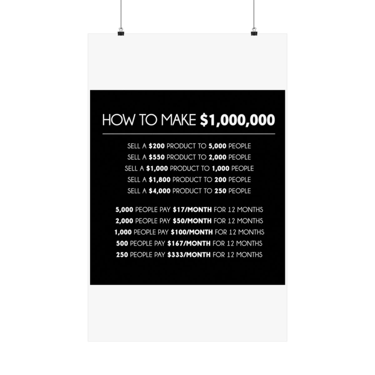 A black and white motivational poster with the text "HOW TO MAKE 0,000" and a list of ways to make a million pounds by selling products at different price points and quantities - alternate angle 1, merchandise